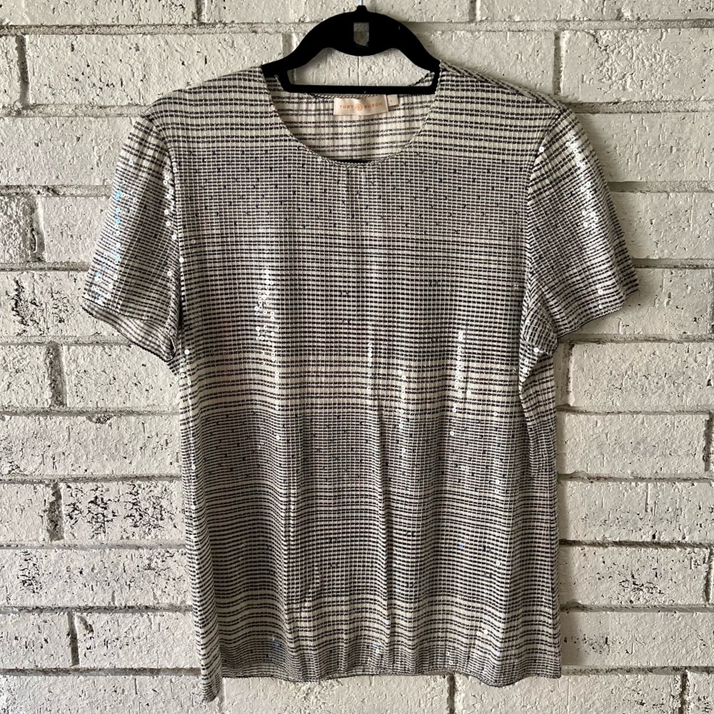 Tory Burch Sequin Stretch Blouse - Navy/Ivory